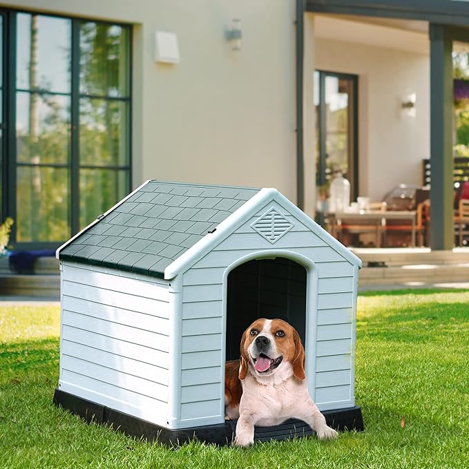 YITAHOME 28.5'' Plastic Dog House Outdoor Indoor Doghouse Puppy Shelter Water Resistant Easy Assembly Sturdy Dog Kennel with Air Vents and Elevated Floor (28.5''L*26''W*28''H, Gray)