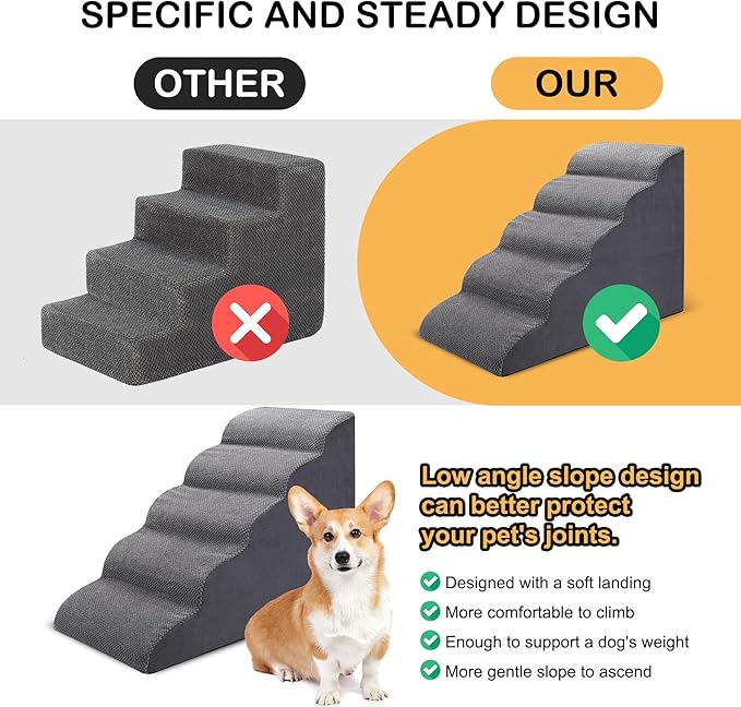 Dog Stairs for Bed, 5 Tier Dog Steps for Couch and High Bed, Non-Slip Pet Stairs, 24" High Sofa Foam Dog Stairs - Best for Small Pets, Older Dogs, Cats with Joint Pain