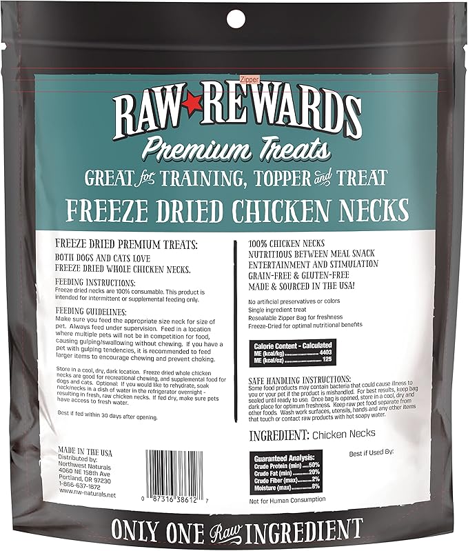 Northwest Naturals Raw Rewards Freeze-Dried Chicken Neck Treats for Dogs and Cats - Whole Neck - Healthy, 1 Ingredient, Human Grade Pet Food, All Natural - 4 Oz (Packaging May Vary)