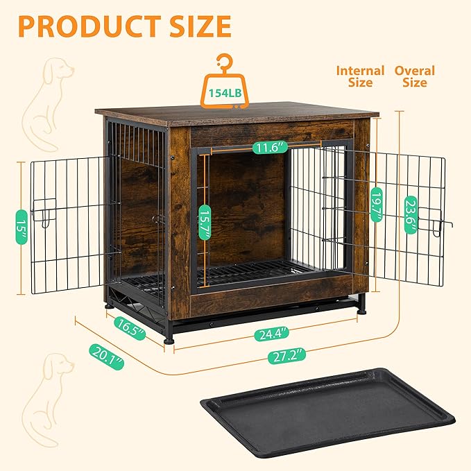 Shintenchi Wooden Dog Crate Furniture, Double-Doors Kennel Indoor with Removable Tray, End Table Dog Crate for Decoration, 27" L*20" W*24" H, Vintage Brown