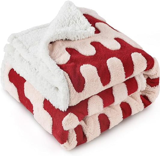 Lesure Waterproof Puppy Blanket for Small Dogs - Washable Double Sided Dog Blankets with Warm Jacquard Shag and Soft Sherpa Fleece, Pet Cat blanket for Couch Protection, 3D Textured Wave, Red