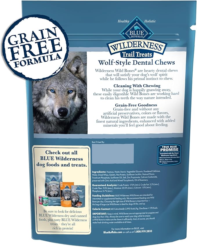 Blue Buffalo Wilderness Wild Bones Grain-Free Dental Chews Dog Treats, Large, 27-oz Bag