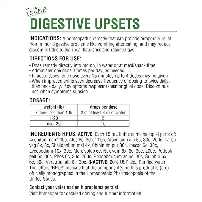 HomeoPet Feline Digestive Upsets, Natural Pet Digestive Support for Cats and Kittens, Safe and Natural Cat or Dog Medicine, 15 Milliliters