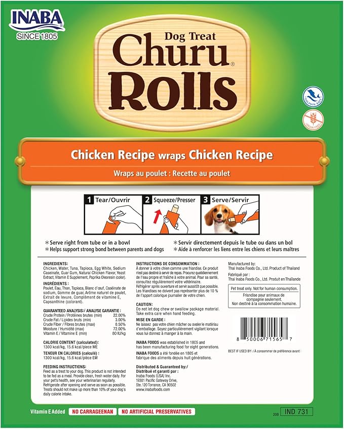 INABA Churu Rolls for Dogs, Soft & Chewy Baked Chicken Wrapped Filled Dog Treats with Vitamin E, 0.42 Ounces Each Stick, 64 Sticks (8 per Pack), Chicken Recipe