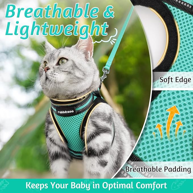 rabbitgoo Cat Harness and Leash Set for Walking Escape Proof, Adjustable Soft Kittens Vest with Reflective Strip for Cats, Comfortable Outdoor Vest,Green,M