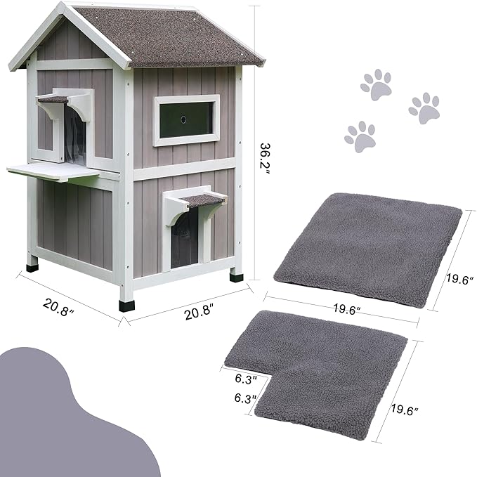 HiCaptain Outdoor Cat House for Outdoor Cats, Large Outside Weatherproof Feral Cat Shelter fot Multiple Cats, Unique Wooden Cat House with Balcony, Escape Door (2-story, Grey House with Mat)