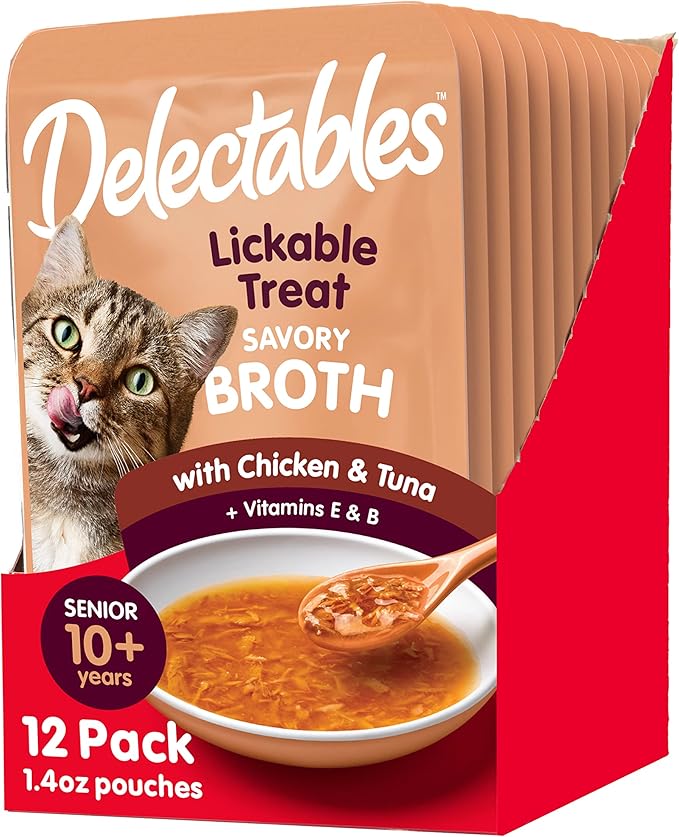 Hartz Delectables Savory Broths Senior 10+ Chicken & Tuna Lickable Cat Treat, 12 Pack