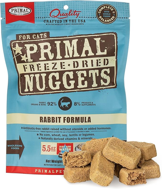 Primal Freeze Dried Cat Food Nuggets Rabbit; Complete & Balanced Meal or Topper; Premium, Healthy, Grain Free, High Protein Raw Cat Food with Probiotics (5.5 oz)