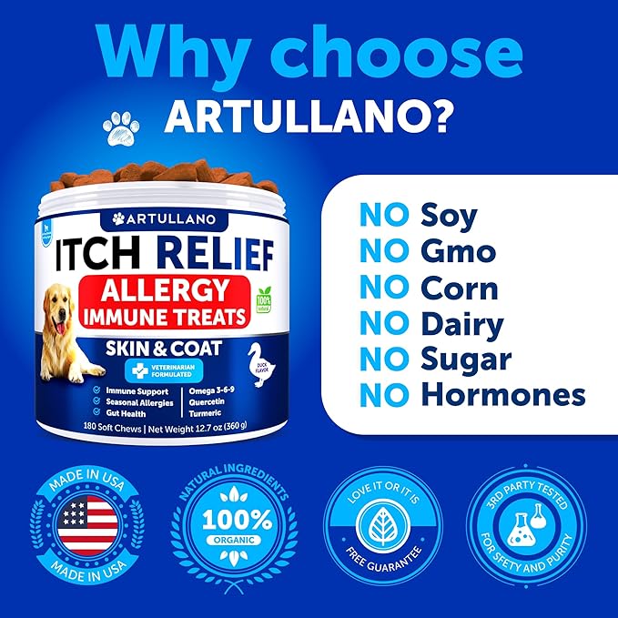 Dog Allergy Relief Chews - Dog Itching Skin Relief Treatment Pills - Itchy and Paw Licking - Anti-Itch Support - Immune Skin & Coat Supplement - Dry Skin and Hot Spots - 180 Treats