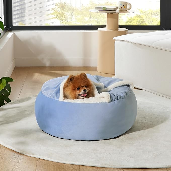 Lesure Small Dog Bed with Cover Cave - Covered Round Puppy Bed with Hooded Blanket, Machine Washable Burrow Pet Bed for Small Dogs and Cats, Cuddler Cozy Cave Dog Bed with Anti-Slip Bottom, Blue 23"