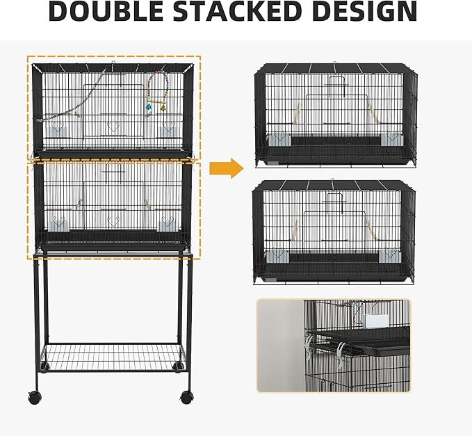 NicBex 64.5" Double Stackable Bird Cage, Large Parakeet Cages with Stand,Pet Flight Birdcage for Parrot Lovebirds Finches Parakeets Budgie Parrotlet Conures,Wooden Swing, Rope Ladder & Wheels,Black