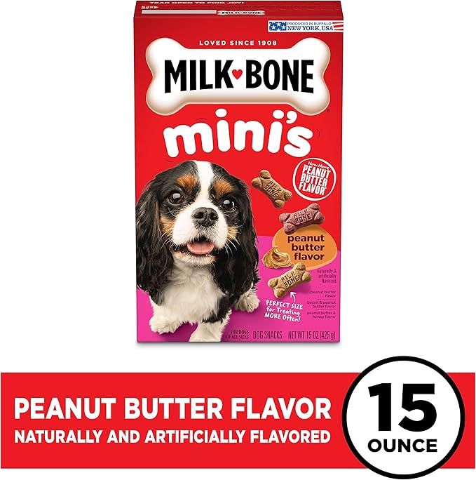 Milk-Bone Mini's Peanut Butter Flavor Dog Treats for All Size Dogs, 15 Ounce (Pack of 6), Crunchy Texture Helps Freshen Breath