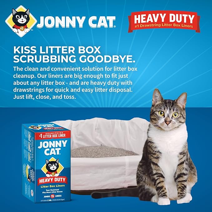 Jonny Cat Litter Box Liners: Heavy Duty - Tear & Leak Resistant - Drawstring Close - Jumbo, 15 Count