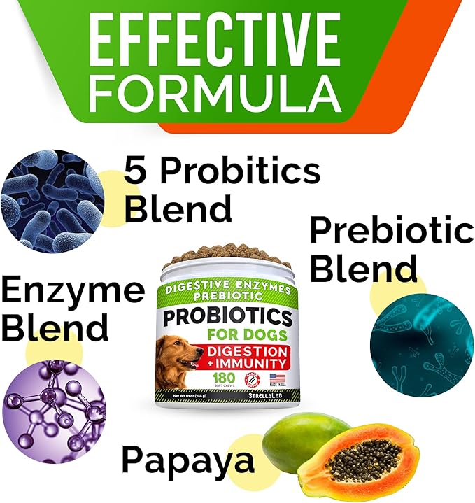 StrellaLab Dog Probiotics Treats for Picky Eaters (180ct) - Digestive Enzymes + Prebiotics - Chewable Fiber Supplement - Allergy, Diarrhea, Gas, Constipation, Upset Stomach Relief - Improve Digestion