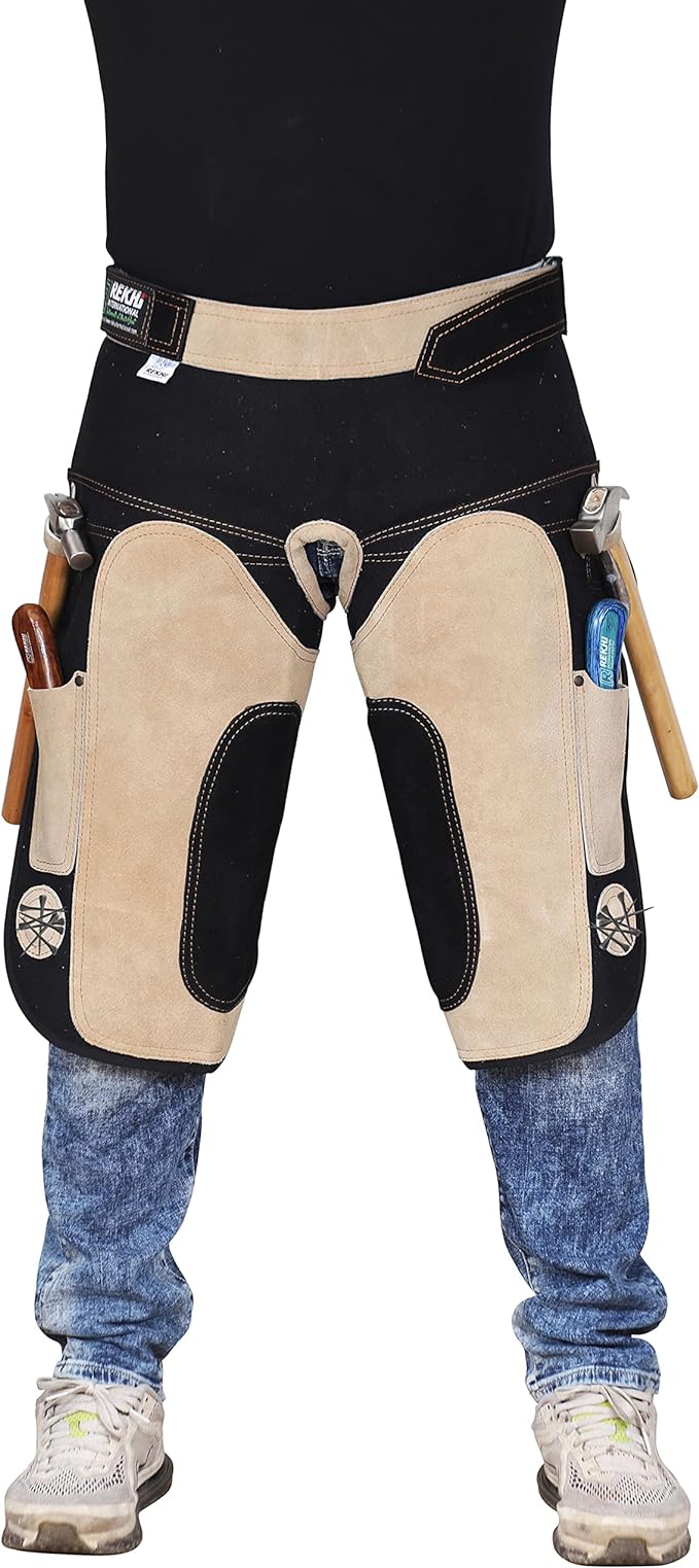 Farrier Apron Chaps for Men, Farrier Apron, Farrier Chaps, Cowhide Suede Leather and Canvas Farrier Apron for Horses with 2 Knife Pocket both side Magnets and Hammer Loop 25 inches 65cm