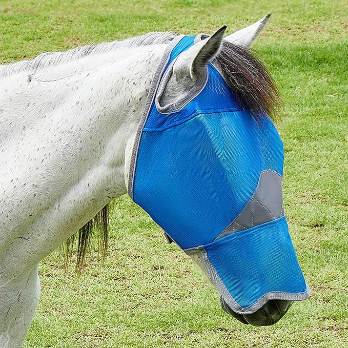 DEERFAMY Adjustable Horse Fly Mask, High-Quility Net Mesh Mask with Large Eye Space,Full Coverage, Soft & Gentle on Skin, No Ears but with Nose (Blue, L)