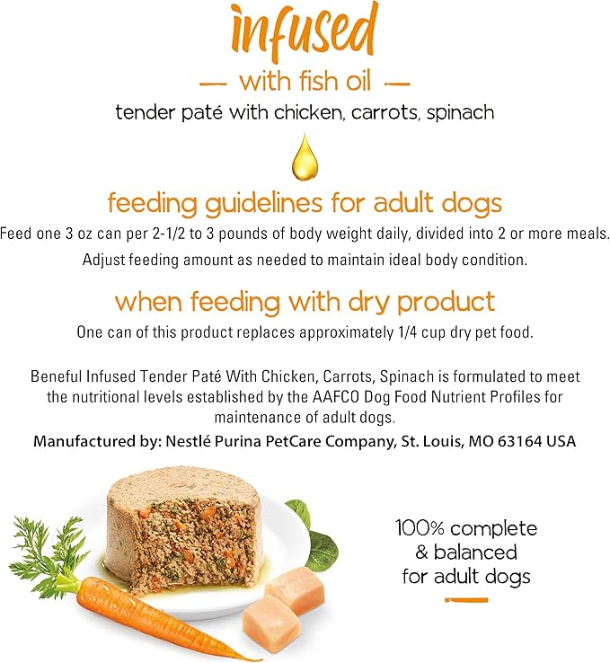 Purina Beneful Infused Wet Pate Dog Food with Real Chicken, Carrots and Spinach, with Fish Oil for Dogs - (8 Packs of 3) 3oz. Sleeves