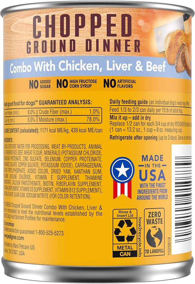 PEDIGREE CHOPPED GROUND DINNER Adult Canned Soft Wet Dog Food Combo with Chicken, Liver & Beef, 13.2 oz. Cans (Pack of 12)