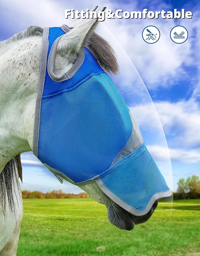 DEERFAMY Adjustable Horse Fly Mask, High-Quility Net Mesh Mask with Large Eye Space,Full Coverage, Soft & Gentle on Skin, No Ears but with Nose (Blue, L)