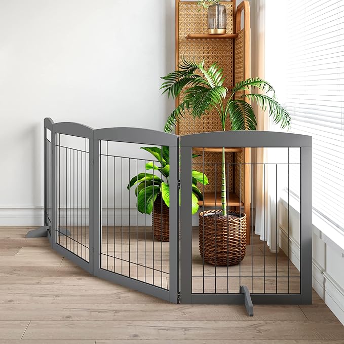 Folding Pet Gate 96" Wide, 30" Tall No-Assembly Wooden Dog Gate, Freestanding Wire Pet Gate, Pet Puppy Safety Fence, with 2PCS Support - Gray