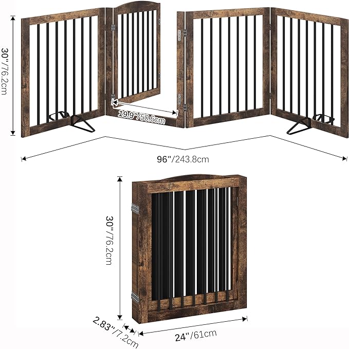 Folding Pet Gate 96" Wide, 30" Tall No-Assembly Wooden Dog Gate with Door Walk Through, Freestanding Pet Gate, Puppy Safety Fence, with 2PCS Support - Rustic Brown