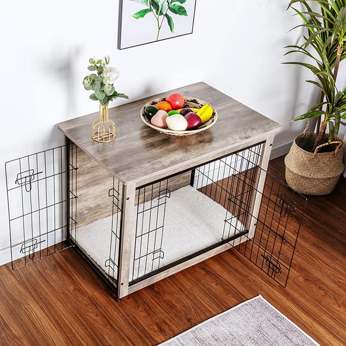 DWANTON Dog Crate Furniture with Cushion, Wooden Dog Crate with Double Doors, Dog Furniture, Indoor Dog Kennel，End Table, Medium, 32.5" L, Greige