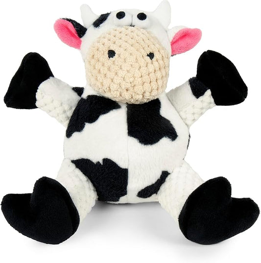 goDog Checkers Sitting Cow Squeaky Plush Dog Toy, Chew Guard Technology - White, Small