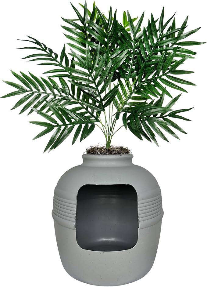 Good Pet Stuff, The Original Hidden Litter Box Base Kit, Round Enclosed Cat Litter Box Planter with Artificial Plants, Vented Carbon Odor Filter System, Florist Moss, Easy to Clean, Stone Gray