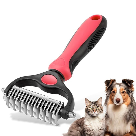 Pet Grooming Brush, Double Sided Undercoat Rake for Dogs & Cats, Professional Deshedding Brush and Dematting Tool, Safe and Effective Removing Knots, Mats, Tangles,and Flying Hair (Pink)