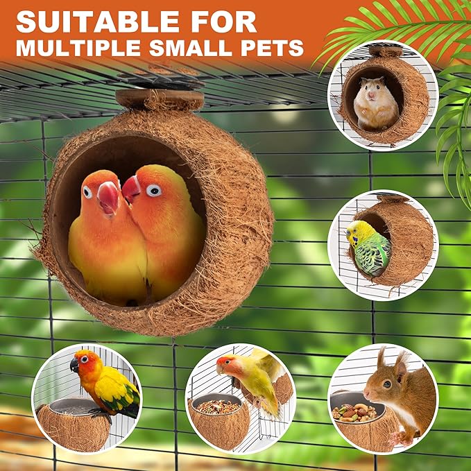 WOODSTICK Coconut Bird Feeder for Cage with Clamp - Removable Stainless Steel Bowls for Happy Birds! Hangable Bird Bowl in Cages - Perfect for Parakeets, Parrots, and Small Animals - 2-pack