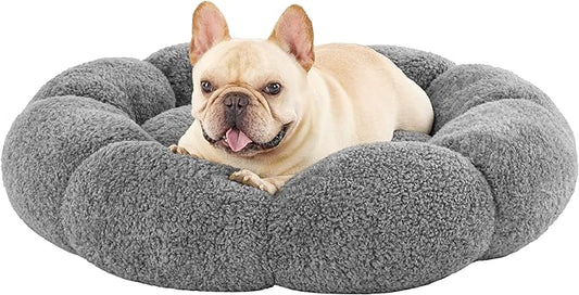 Lesure Calming Medium Dog Bed - Flower Donut Round Fluffy Puppy Bed in Plush Teddy Sherpa, Non-Slip Cute Flower Cat Beds for Indoor Cats, Medium Pet Bed Fits up to 45 lbs, Machine Washable, Grey 30"
