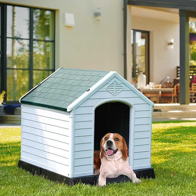 YITAHOME 34.5'' Large Plastic Dog House Outdoor Indoor Doghouse Puppy Shelter Water Resistant Easy Assembly Sturdy Dog Kennel with Air Vents and Elevated Floor (34.5''L*31''W*32''H, Gray)