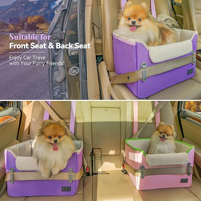 PETSFIT Small Dog Car Seat, Puppy Portable Dog Booster seat for Car with Clip-On Leash, Adjustable Straps Suitable for Small Pets Up to 25lbs (Purple)