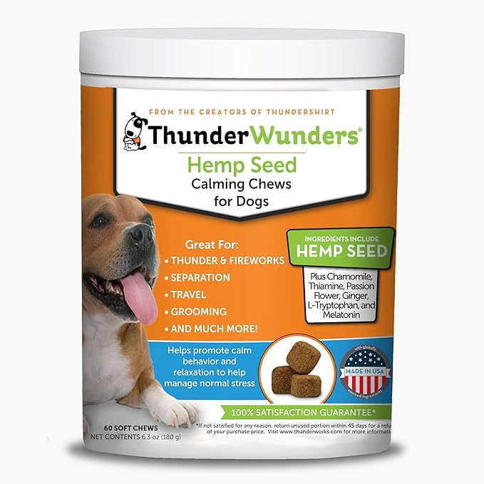 ThunderWunders Hemp Dog Calming Chews | Vet Recommended for Situational Anxiety | Fireworks, Thunderstorms, Travel & More | Made with Hemp Seed, Thiamine, L-Tryptophan, Melatonin & Ginger (60 Count)