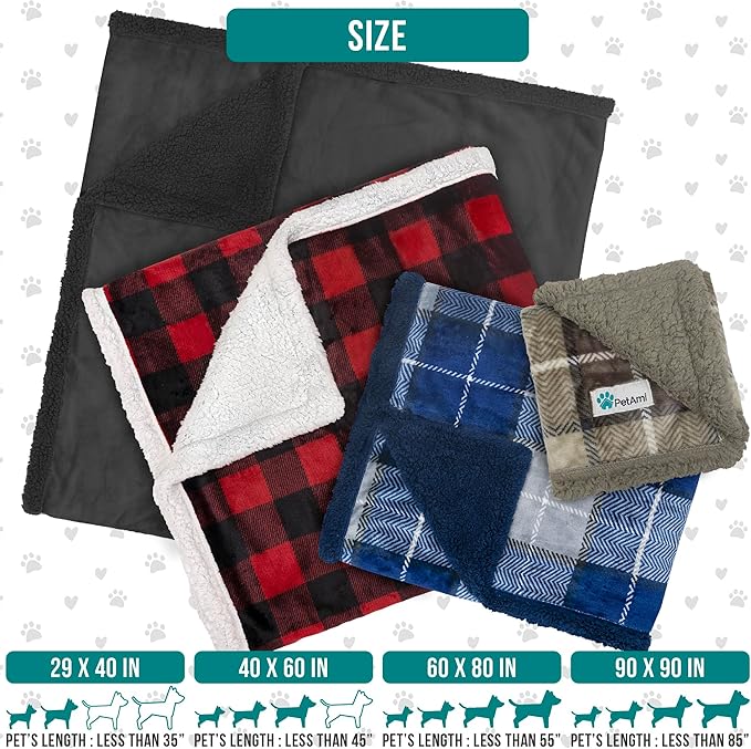 PetAmi Waterproof Dog Blanket for Small Medium Dog, Pet Puppy Blanket Couch Cover Protection, Sherpa Fleece Cat Blanket Sofa Bed Furniture Protector Reversible Soft Washable 29x40 Plaid Light Grey