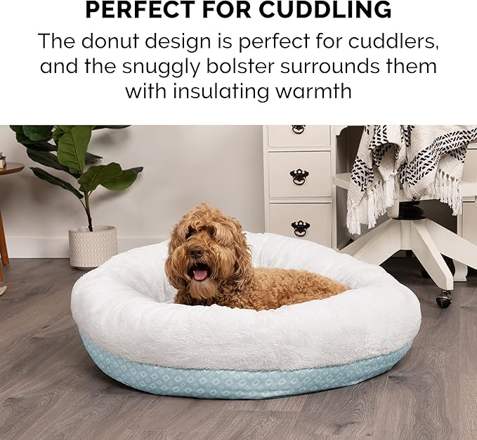 Furhaven 30" Round Donut Dog Bed for Medium/Small Dogs, Refillable w/ Removable Washable Cover, For Dogs Up to 45 lbs - Plush & Diamond Print Donut Bed - Aqua, Medium