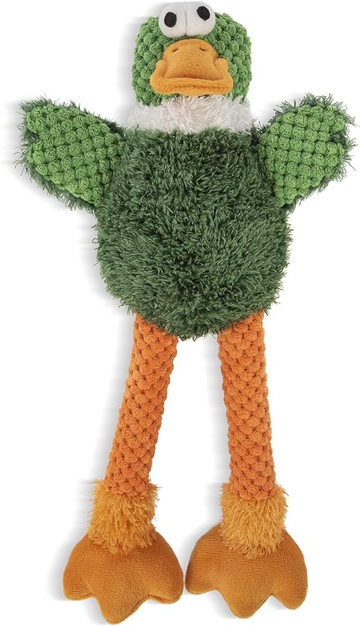 goDog Checkers Skinny Duck Squeaky Plush Dog Toy, Chew Guard Technology - Green, Small