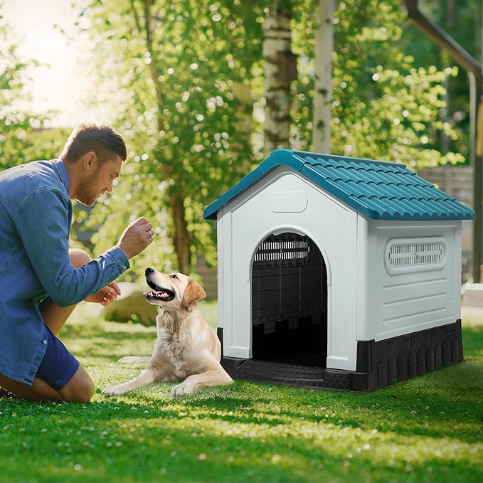 YITAHOME 41.3'' Folding Large Dog House Outdoor Plastic Doghouse with Adjustable Skylight and Elevated Base Water Resistant Pet House for Small, Medium, and Large Dogs (41.3''L*34.6''W*39''H)