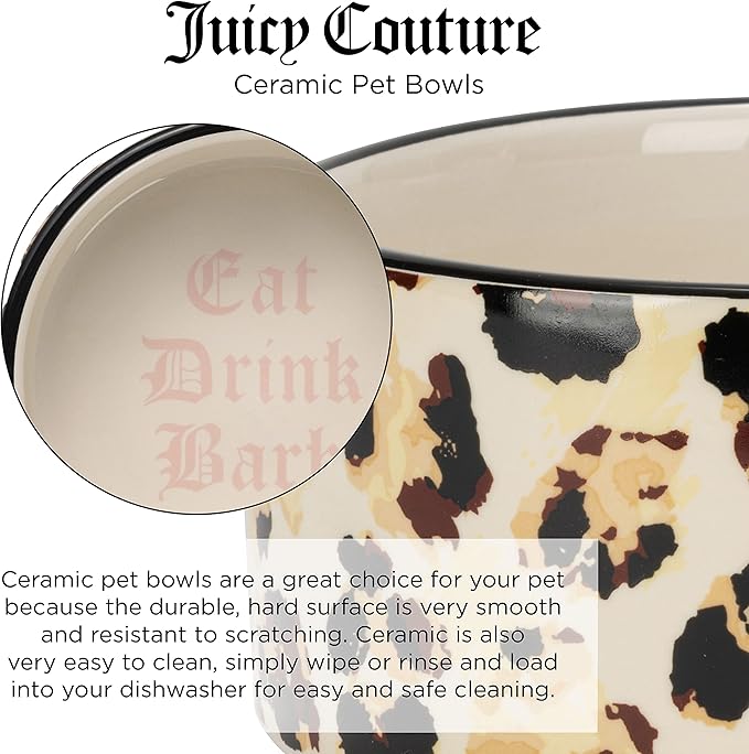 Juicy Couture Dog Bowl Set – 2 Piece 16oz Ceramic Dog Bowls, Dishwasher Friendly, Slip & Scratch Resistant Dog Water Bowl, Pet Feeder for Small & Medium Puppy (Leopard)