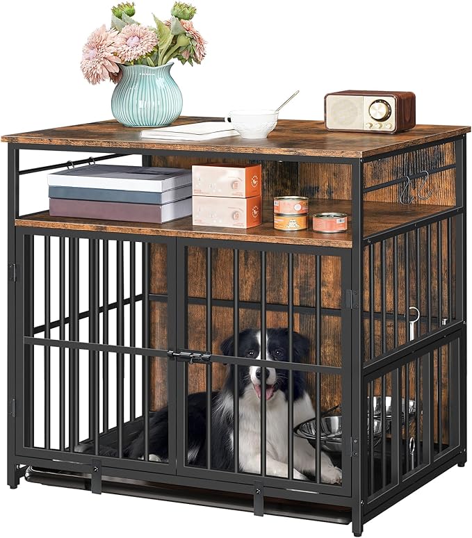 Dog Crate Furniture with Storage, 31.5" Heavy Duty Dog Kennel with Bowls & Removable Tray, Wooden Dog Cage End Table for Small/Medium Dogs, Chew-Resistant, Rustic Brown DCHR10801