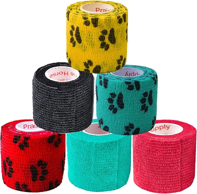 Prairie Horse Supply 2 Inch Vet Wrap Tape Bulk (Red, Yellow, Black and Black Paw Prints on Yellow, Red, Teal) (Pack of 6) Self Adhesive Adherent Adhering Flex Bandage Grip Roll for Dog Cat Pet