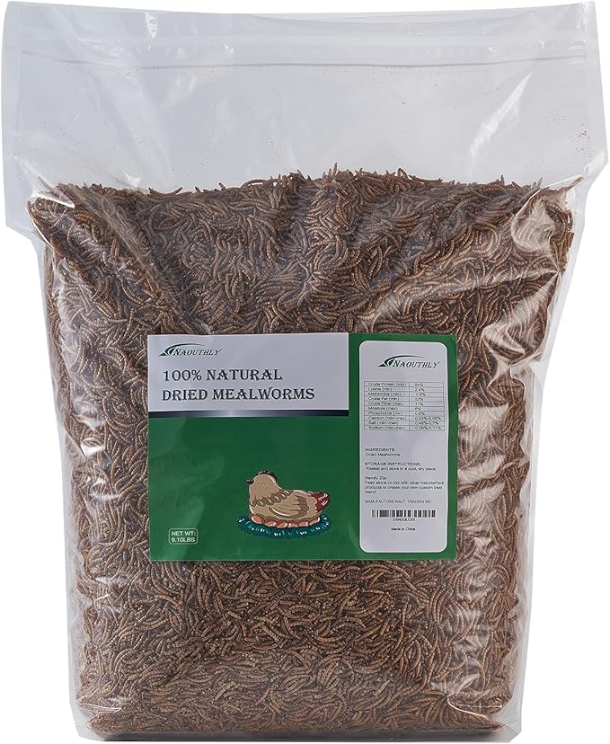 9.10lbs Dried Mealworms - Premium Non-GMO Chicken Feed, Nutritious High Protein Meal Worms- Food and Treats for Laying Hens, Wild Birds, Ducks, Chicken