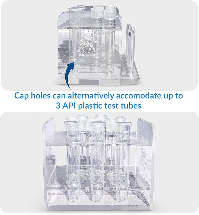 Aquarium Test Tube Holder, Hand-Made Rack w/ 6 Cap Holders for use w/API and TC Glass Test Tubes