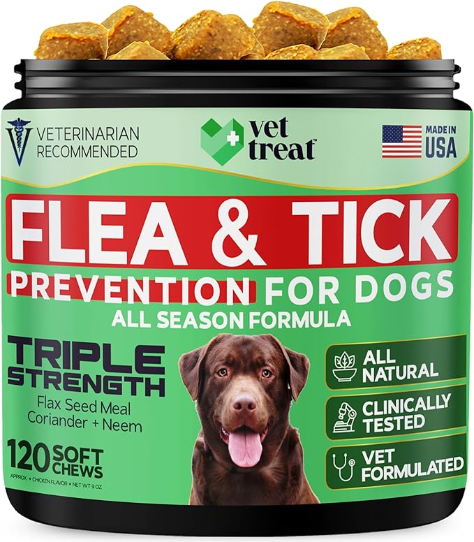 Flea and Tick Prevention for Dogs Chewables -Made in USA- Natural Dog Flea and Tick Treatment - Oral Flea Pills - Vet Recommended Flea and Tick Chews - All Breeds & Sizes - 120 Soft Treats (Chicken)