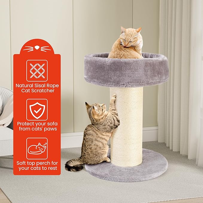 Cat Scratching Post Bed，Tall Cat Scratcher for Indoor Cats with Super Thick Nature Sisal Scratching Post [Dia=6'']， Removable Fluffy Cat Bed for Kitten & Adult Cats (Gery, L)