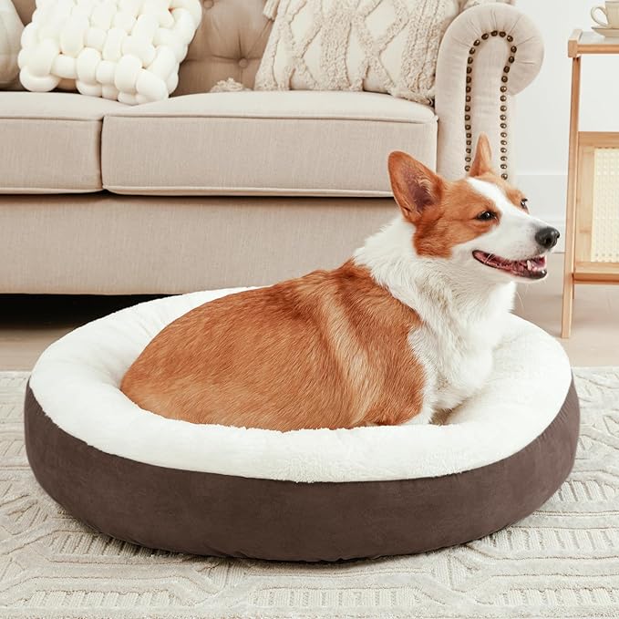 Love's cabin Round Donut Cat and Dog Cushion Bed, 25in Pet Bed for Small or Medium Dogs, Anti-Slip & Water-Resistant Bottom, Soft Durable Fabric Pet Beds, Washable Calming Cat & Dog Bed Brown