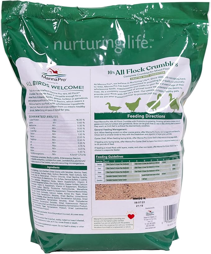 Manna Pro All Flock Crumbles | 16% Protein Level | Complete Feed for Chickens, Ducks, Geese, Turkeys and Gamebirds | Probiotics to Support Digestion | Crumbled Form for Easy Feeding | 8 Pounds