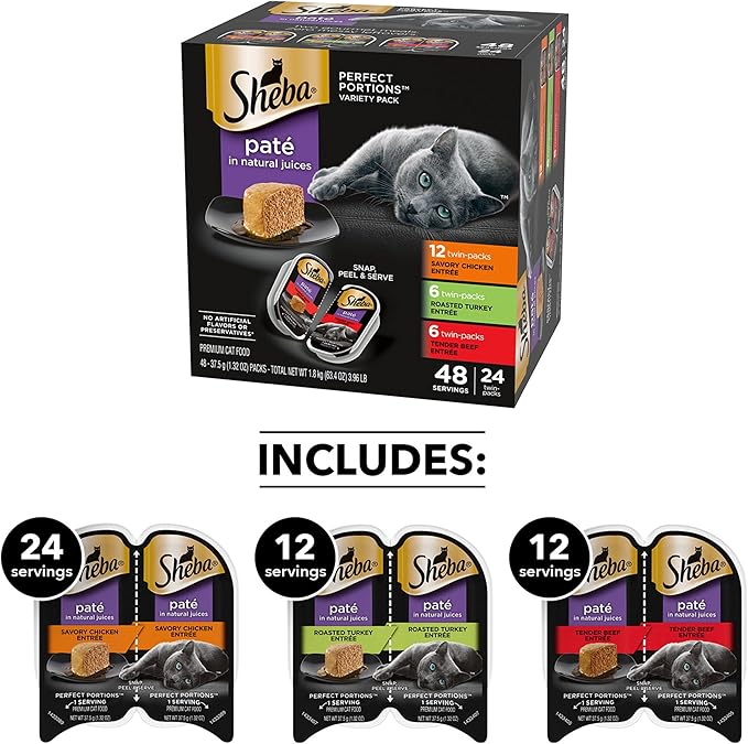 SHEBA Perfect Portions Paté Wet Cat Food Trays (24 Count, 48 Servings), Savory Chicken, Roasted Turkey, and Tender Beef Entrée, Easy Peel Twin-Pack Trays