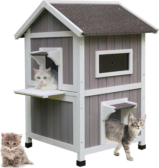 HiCaptain Outdoor Cat House for Feral Cats, Weatherproof Outside Cat Shelter Wooden 2 Story Large Kitty House with Escape Door-Grey