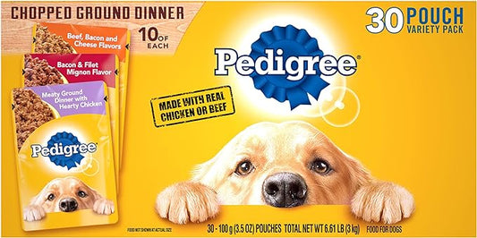 PEDIGREE CHOPPED GROUND DINNER Adult Soft Wet Dog Food 30-Count Variety Pack, 3.5 oz Pouches (Pack of 30)